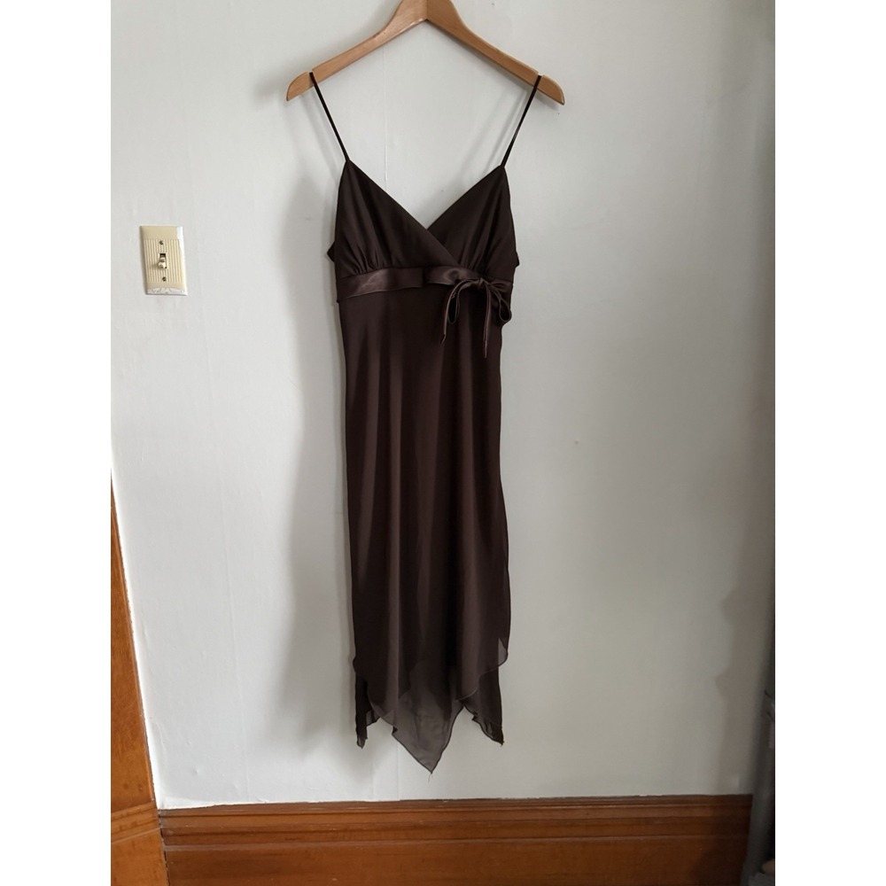 Y2K NWT Vintage Chocolate Brown Midi Mesh Layered Dress Baby Doll Satin‎ Slip 10